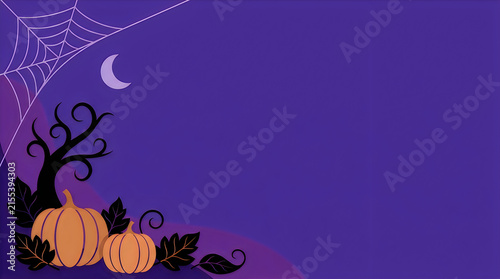 Halloween pumpkins with tree and spider web design on purple background
