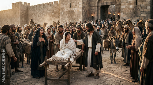 Jesus miraculously interrupting a funeral procession to raise the widow of Nain's only son from the dead.