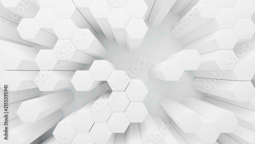 High-angle 3D white hexagon pillars background with soft blue lighting, perfect for medical technology, science, and clean corporate presentations.