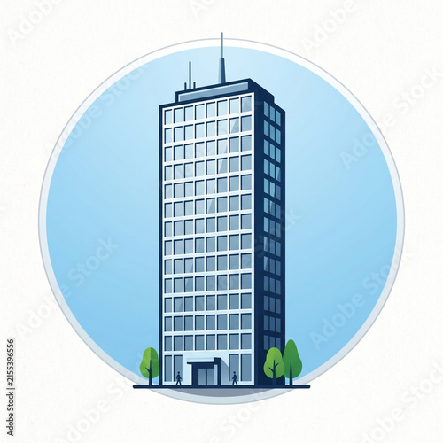 Modern highrise commercial office building vector illustration with round blue background