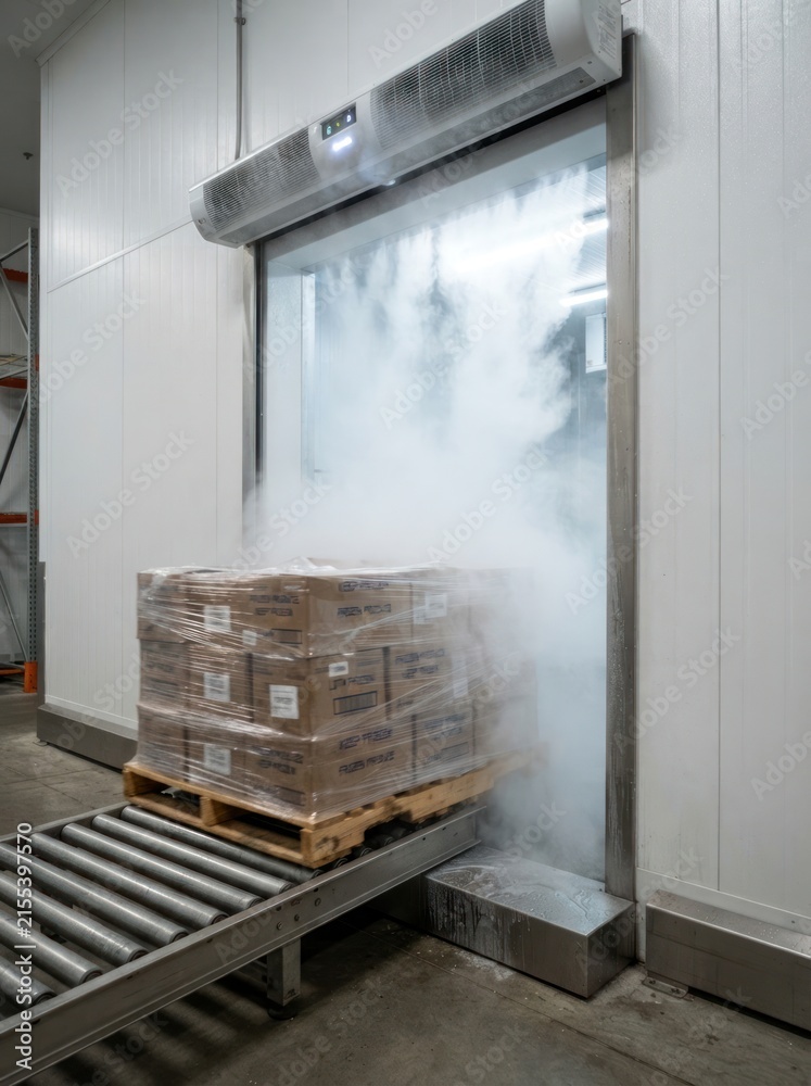 Naklejka premium Pallet of boxes moving through cold storage door with mist in industrial warehouse setting