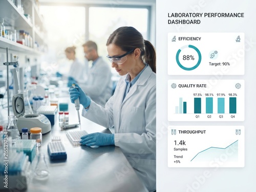 Laboratory technician analyzing samples at lab bench with performance dashboard on side panel