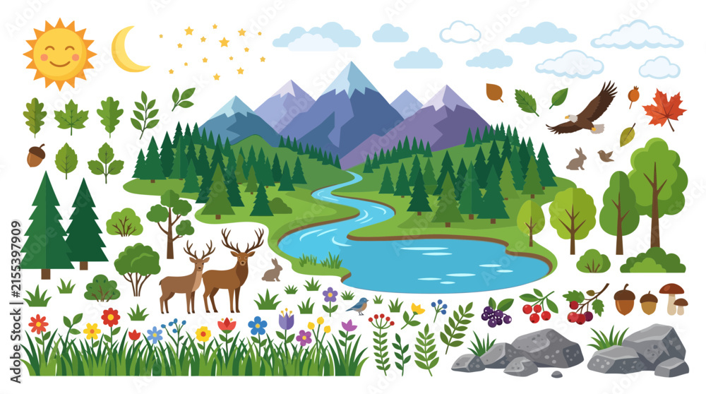 Naklejka premium Forest Nature Elements Set with Animals and Landscape