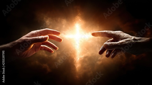 Hands reaching towards glowing light representing connection and creation