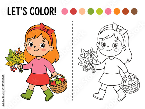 Cute cartoon girl with autumn leaves and basket of apples ready for coloring on transparent background.