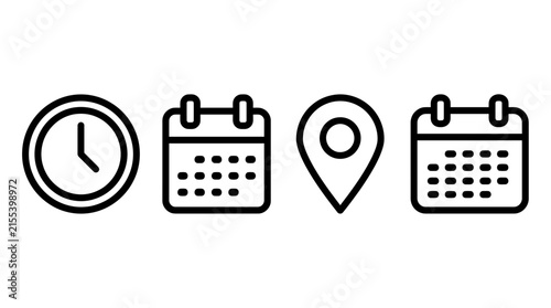 Simple line icons for clock, calendar, and location pin on transparent background for web and app design.