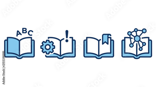 Stylized icons of open books with educational and informational elements in blue and white on transparent background.