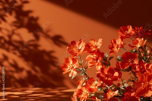 Red poppies on a orange background with a shadow of a tree