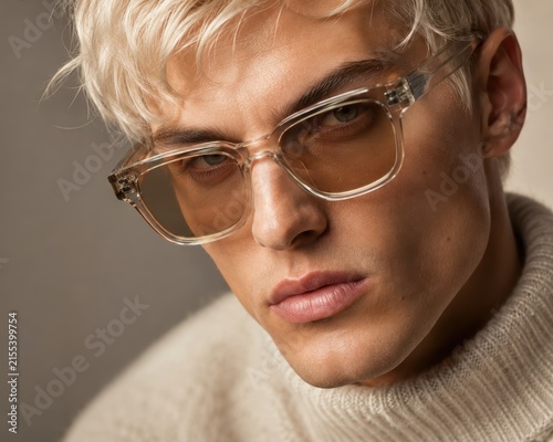 Macro close-up portrait of a handsome blonde man wearing trendy transparent clear-frame glasses with light tinted lenses, minimalist modern aesthetic