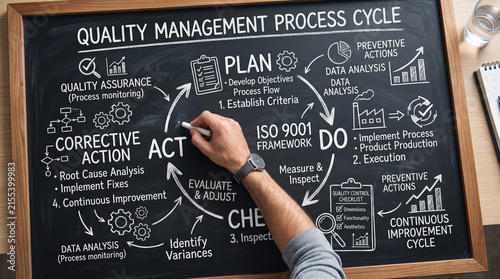 A detailed illustration of the quality management process cycle, shown on a chalkboard with a hand writing on it