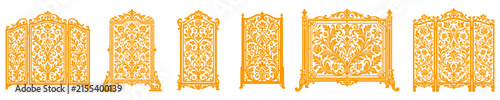 Golden vintage screen panels ornate metal room dividers.