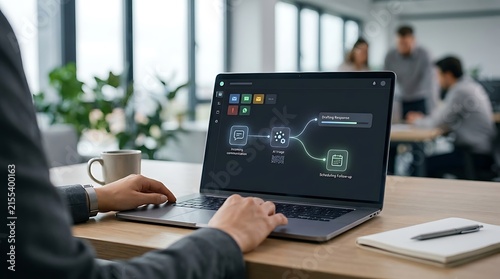 Business professional working on a laptop with a complex digital workflow diagram on the screen.