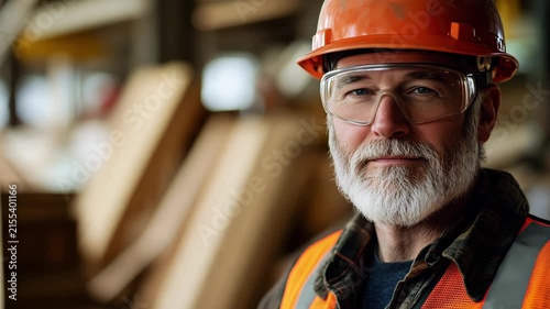 A worker wearing an orange helmet and safety glasses stands at a construction site surrounded by materials and tools
