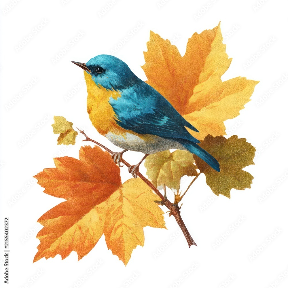 Obraz premium Colorful bird perched on autumn leaves illustration.