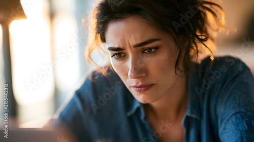 Anxious young woman reviewing visa application status in home office