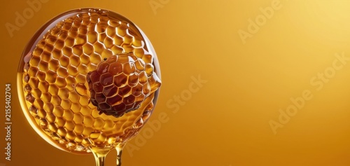 honeycomb dripping honey, golden background, empty space banner, concept of food, cosmetic