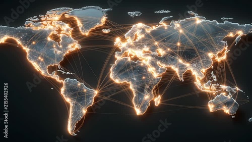 Map displays connections and data flow between regions around the world with bright lines linking various locations