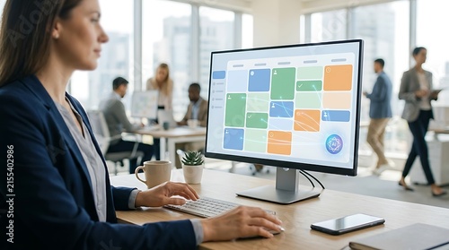 Professional woman working on a digital project management schedule on her office computer.