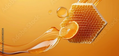 honeycomb orange golden liquid splash on orange background copyspace concept food beauty