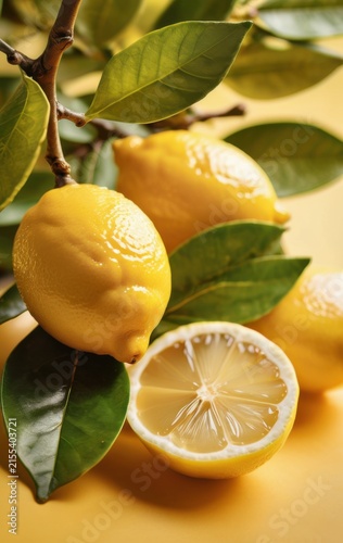 fresh lemons on branch and cut lemon on yellow background with copyspace concept of food, beverage, health