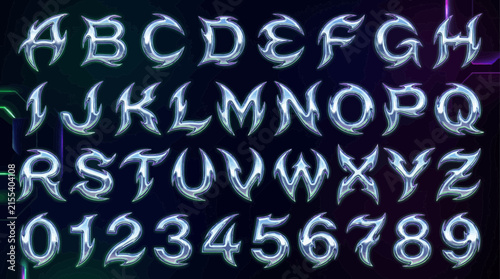 A set of stylized metallic sharpedged alphabet letters and numbers on a dark glowing bluetinted background