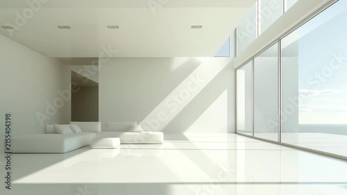 Bright living room showcases modern design with large windows, minimalist furniture, and natural light filling the space