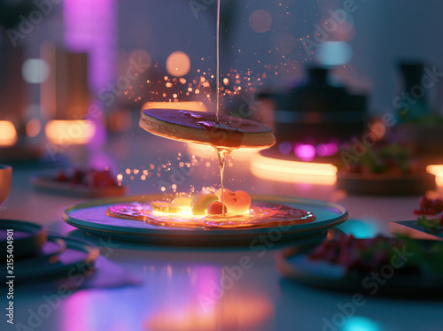 2100 anti-gravity breakfast, levitating pancakes with liquid honey suspended in mid-air, glowing fruits, futuristic dining table, impossible food physics, hyper realistic, cinematic food photography.