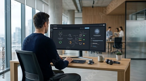 Professional man working on a curved computer monitor in a modern office environment.