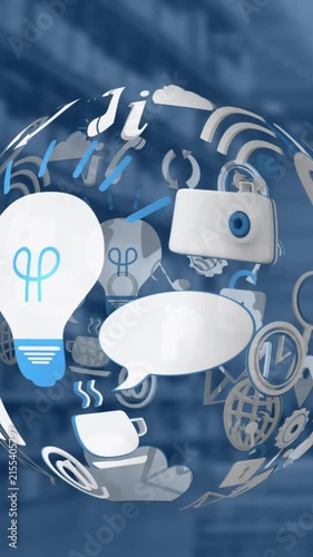 Animation of globe with digital icons over warehouse