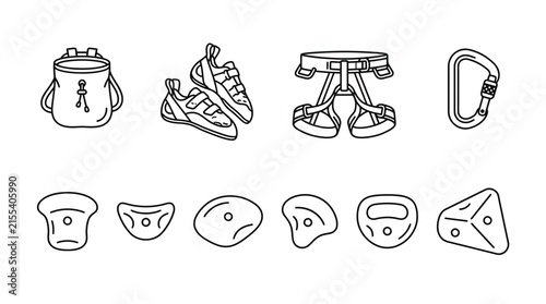 Line art icons of rock climbing gear including a chalk bag climbing shoes harness carabiner and six holds
