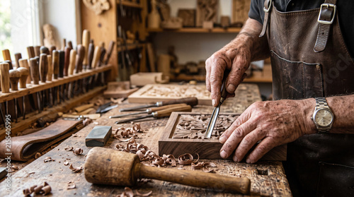 Close Up of Artisan Carpenter Hands Carving Wood with Chisel in Workshop