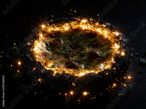 A black pizza resembling a solar eclipse, molten golden cheese forming the corona, charcoal crust, glowing herbs, cinematic food photography.