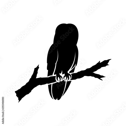 Minimalist owl silhouette on tree branch, black bird vector icon, nocturnal wildlife graphic element for logo design