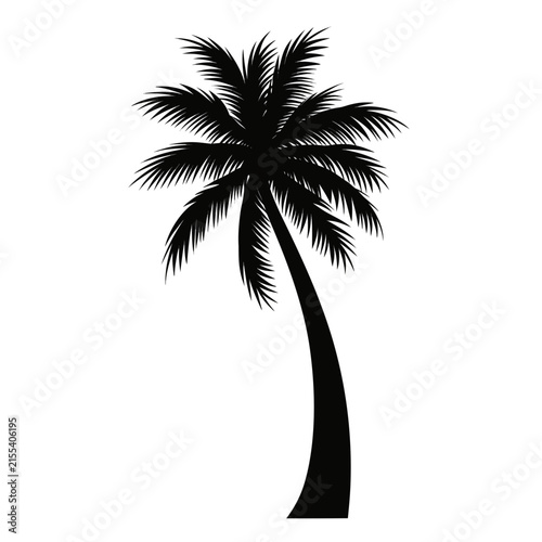 Black palm tree silhouette, tropical coconut tree vector icon, minimalist summer beach plant graphic isolated on white background
