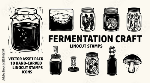Linocutstyle vector icons of fermentation jars vegetables and equipment on a light background
