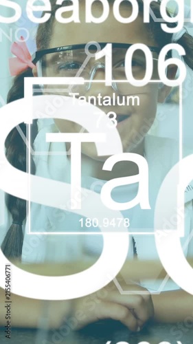 Animation of chemical structures moving over schoolgirl in lab