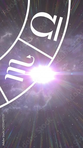 Animation of gemini star sign with horoscope wheel spinning over stars on purple background