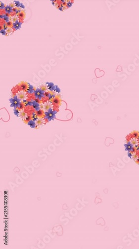 Animation of red hearts and flowers icons floating on pink background