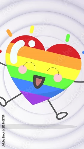 Animation of rainbow heart on white background with circles
