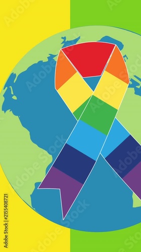 Animation of rainbow ribbon over globe on rainbow background