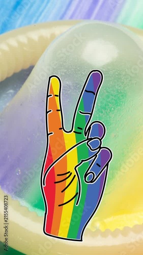 Animation of rainbow victory and pride over condom on rainbow background
