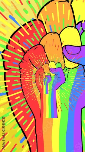 Animation of rainbow fists over rainbow background