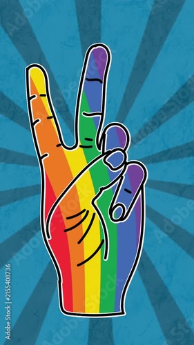 Animation of rainbow victory symbol over blue background