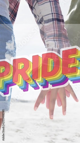 Animation of rainbow pride over midsection of lesbian couple holding hands outdoors