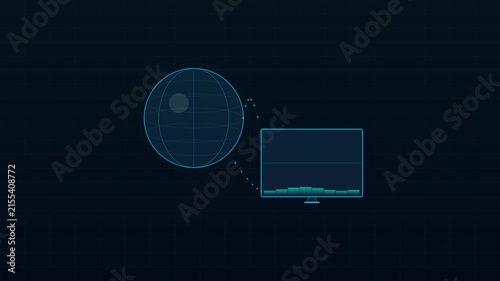 Wireframe Globe and Monitor Bar Chart, Global Data Analytics UI