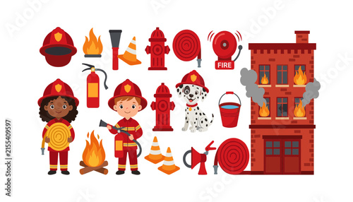 Obraz na plátně Cute cartoon firefighter and rescue equipment vector illustration set