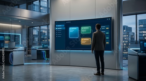 A professional businessman standing in a modern office looking at a large digital data dashboard screen.