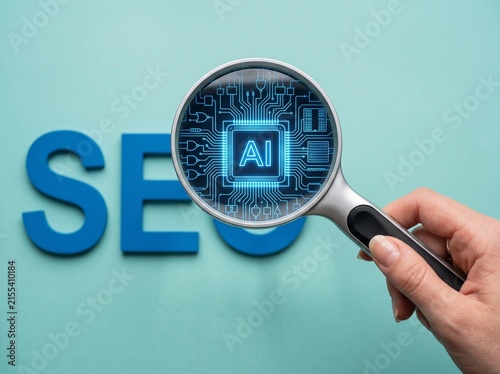 Search Engine Optimization Concept with Hand Holding Magnifying Glass Over SEO Letters and AI Circuit Icon