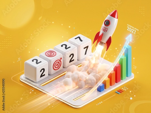 Business Growth Concept with Rocket Launching Over 2027 Year Blocks and Rising Financial Bar Chart on Yellow Background