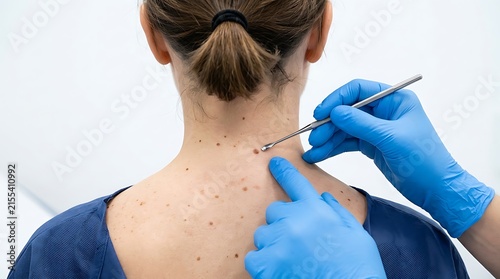 Dermatologist examining a mole on a patient neck during a professional skin cancer screening appointment